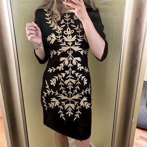 Embroidered Black and Cream, Mid-length sleeve, Knee length Dress, Size Small